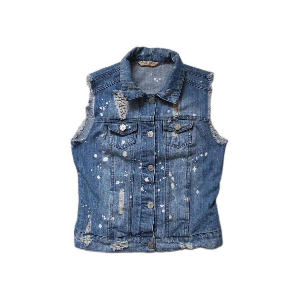 Highway Jeans Distressed Denim Vest Paint Splatter Raw Hem Button Up Sz M EUC